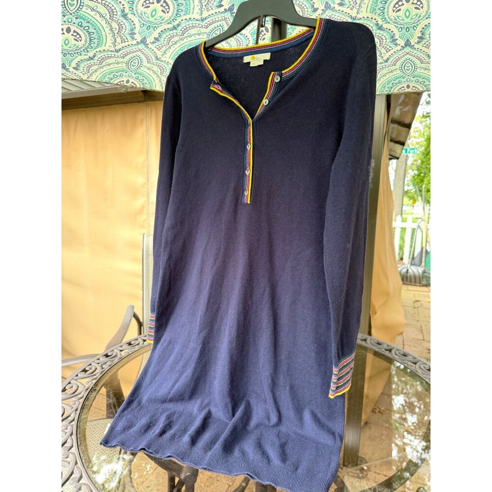 Boden Women’s 8 Navy Cotton Knit Henley V-Neck Pullover Sweater dress LS rainbow